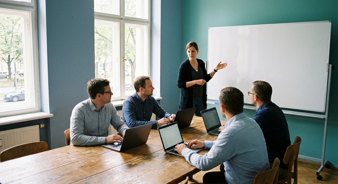 Digitális készségfejlesztő workshop résztvevőkkel egy világos tárgyalóban
