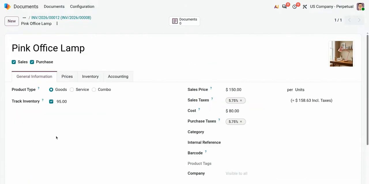 Odoo 20 Mini Stock: a rózsaszín lámpa termékkártyája, a vevői számla után 95 darab nyilvántartott készlettel