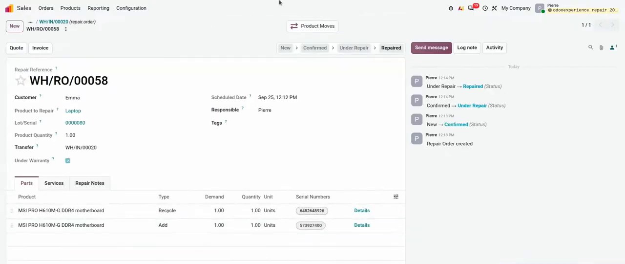 Odoo 20 javítási munkalap, bepipált garanciális jelölővel és a cserélt alkatrészekkel