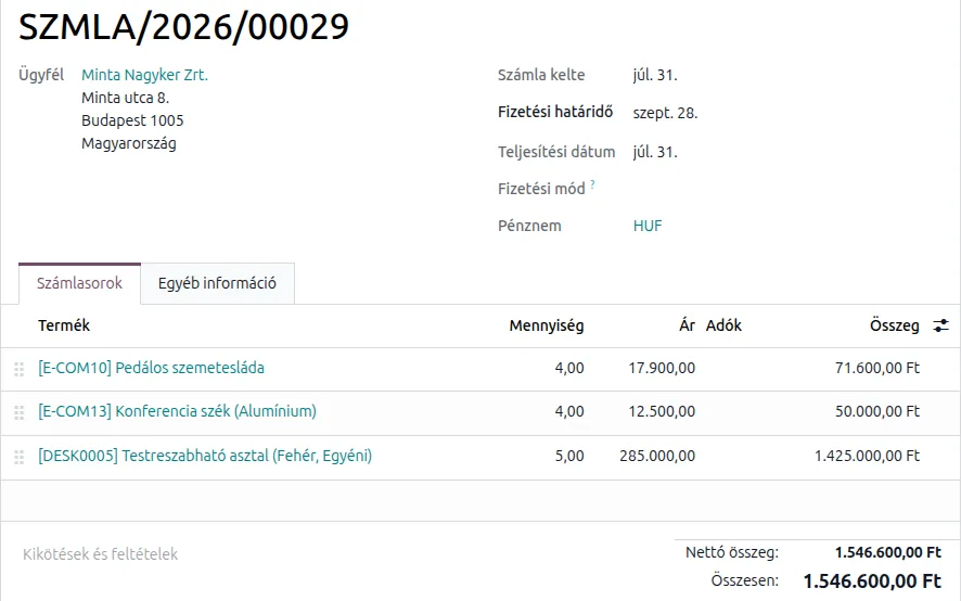 Könyvelt kimenő számla forintban, magyar nyelvű Odoo-felületen, demó-adatokkal