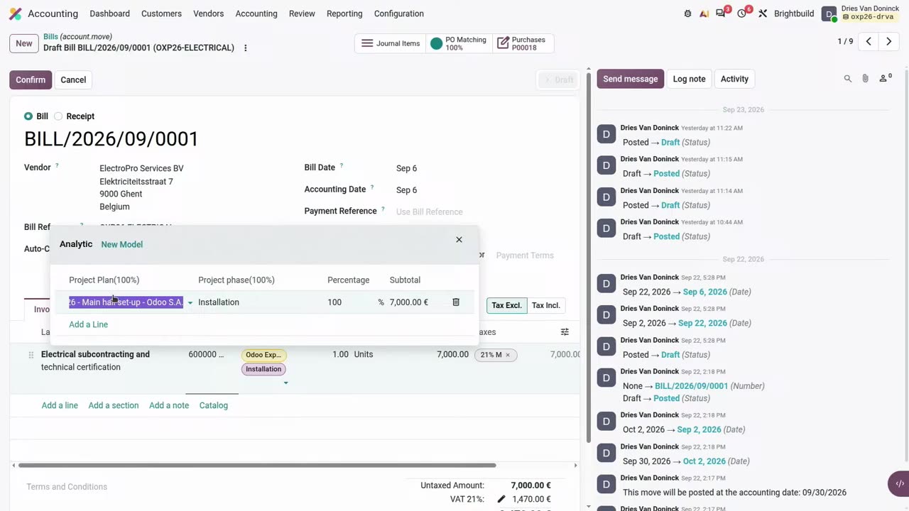 Odoo szállítói számla analitikus felosztása: a 7000 eurós tétel 100 százalékban a projektre és 100 százalékban a telepítési fázisra kerül